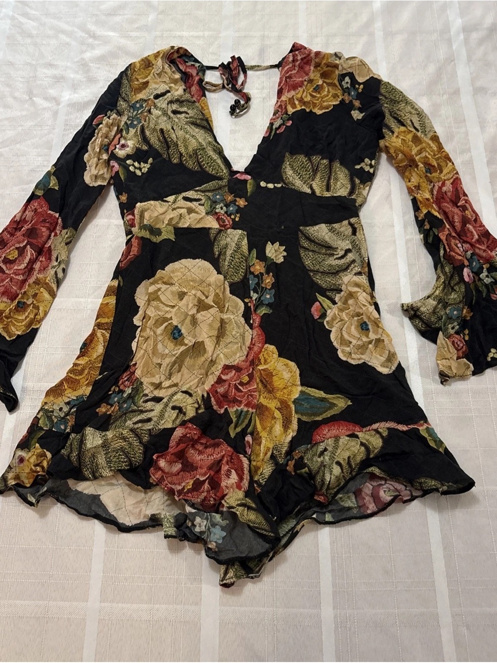FARM Rio Black Floral V-Neck Long-Sleeve Romper with Cream, Mustard & Rose